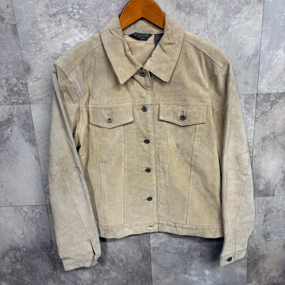 Solutions New York Womens Genuine Leather Suede Trucker Jacket Tan Beige Medium